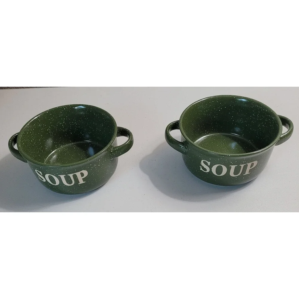 California Pantry Soup Bowls Green Speckled Ceramic Double Handle Set of 2 OS